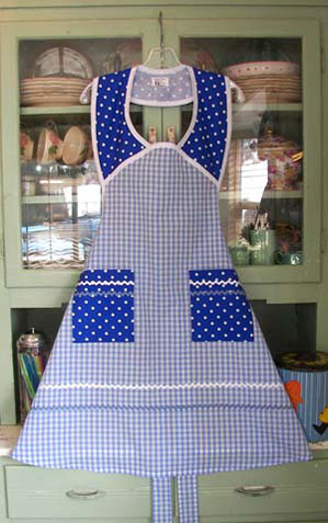 Blue gingham blue polka dot apron